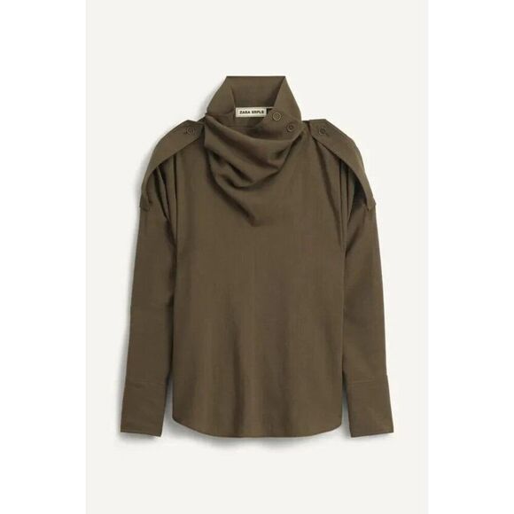 Zara SRPLS High Neck Shirt Size M Brown Long Sleeve wool blend 9201/222 NWT - Picture 1 of 16